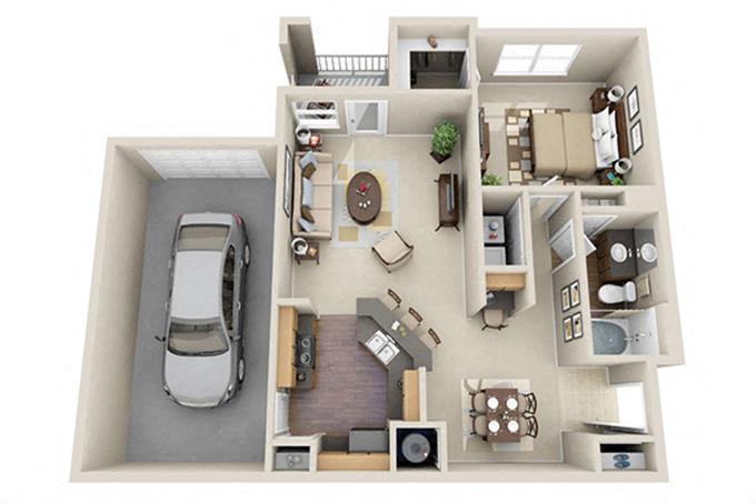 Floor plan for 1 bed, 1 bath, 880 sqft