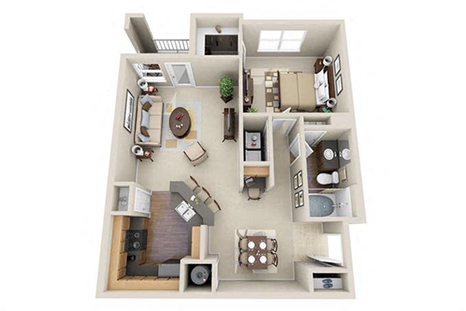 Floor plan for 1 bed, 1 bath, 880 sqft