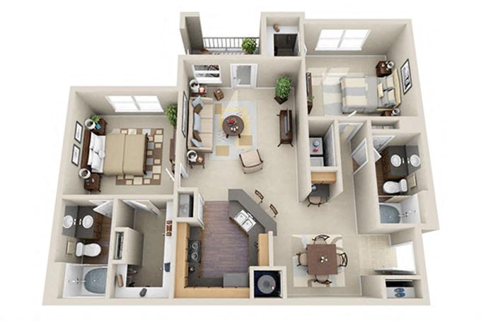 Floor plan for 2 beds, 2 baths, 1177 sqft