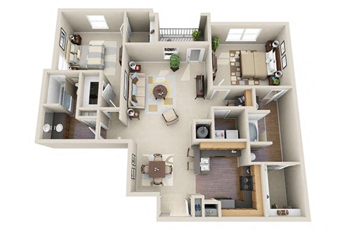 Floor plan for 2 beds, 2 baths, 1320 sqft