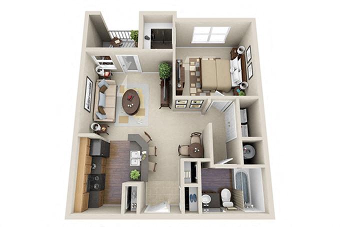 Floor plan for 1 bed, 1 bath, 691 sqft