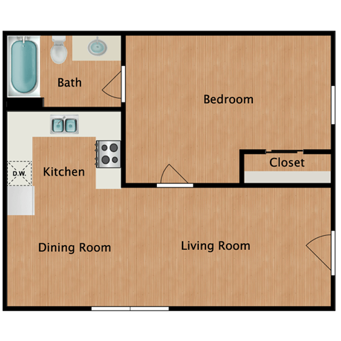 Floor plan for 1 bed, 1 bath, 610 sqft