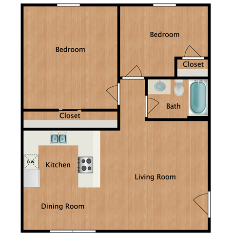 Floor plan for 2 beds, 1 bath, 770 sqft