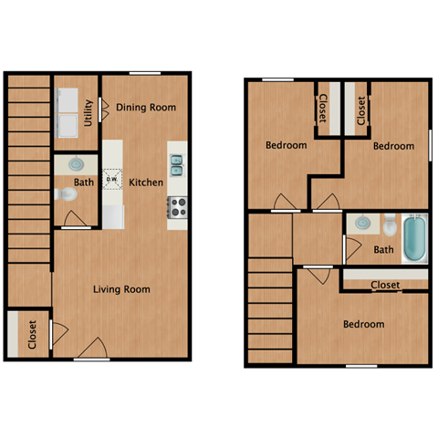 Floor plan for 3 beds, 2 baths, 1052 sqft