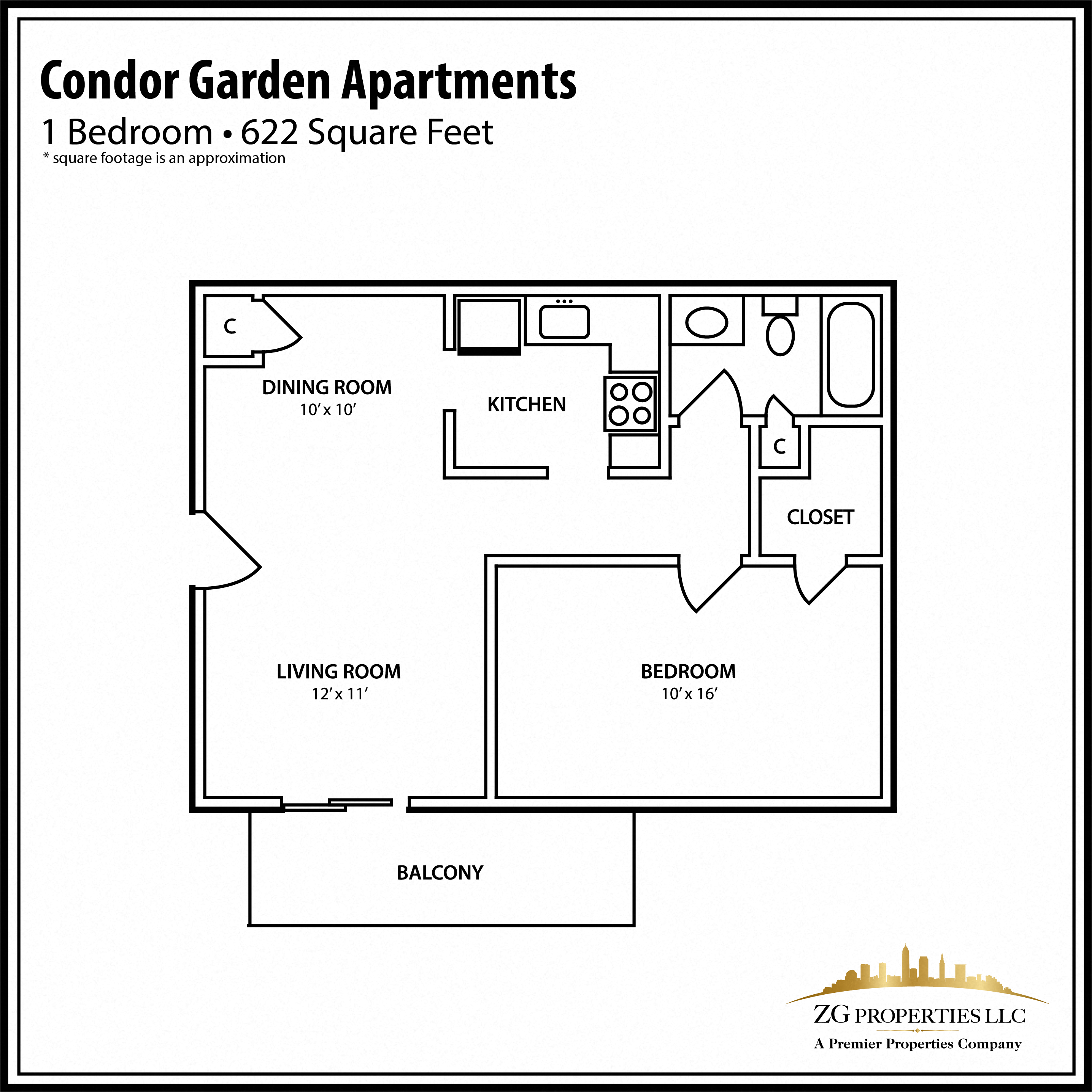 Floor plan for 1 bed, 1 bath, 622 sqft