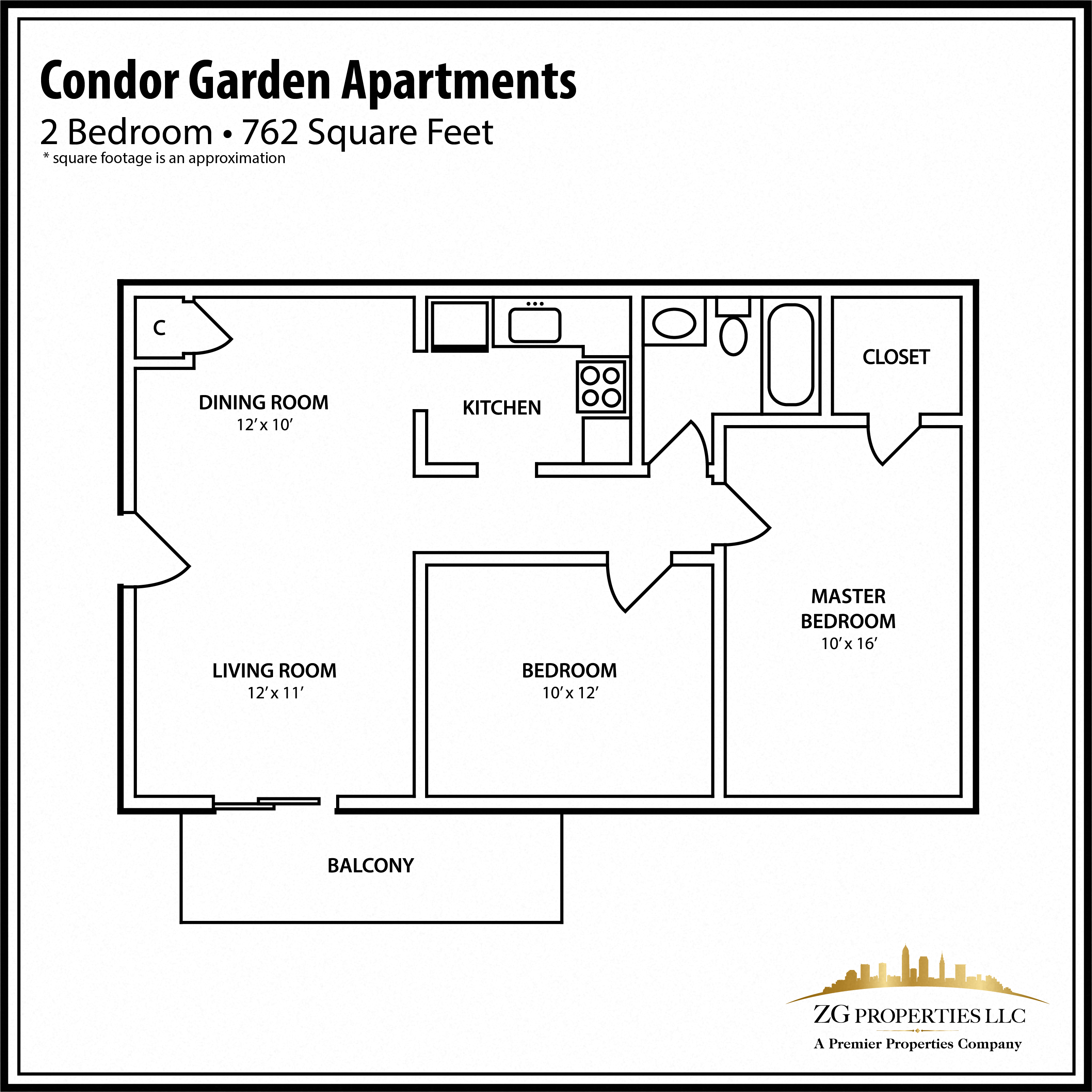 Floor plan for 2 beds, 1 bath, 762 sqft
