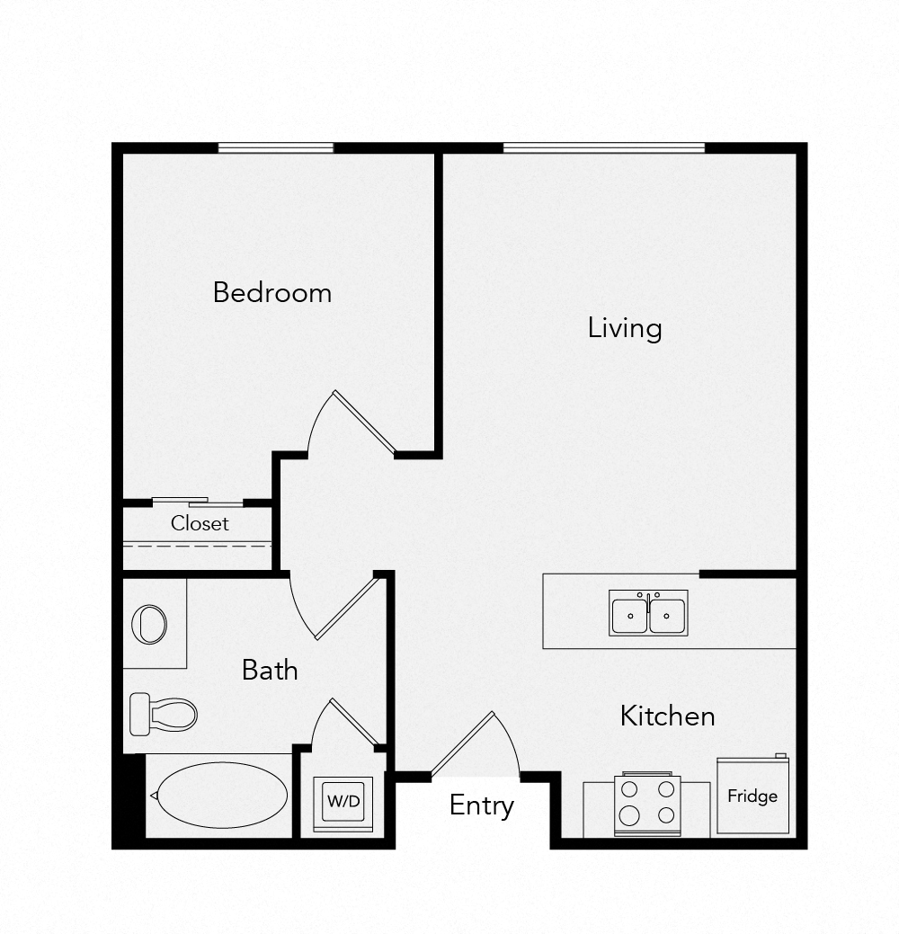 Floor plan for 1 bed, 1 bath, 589 sqft