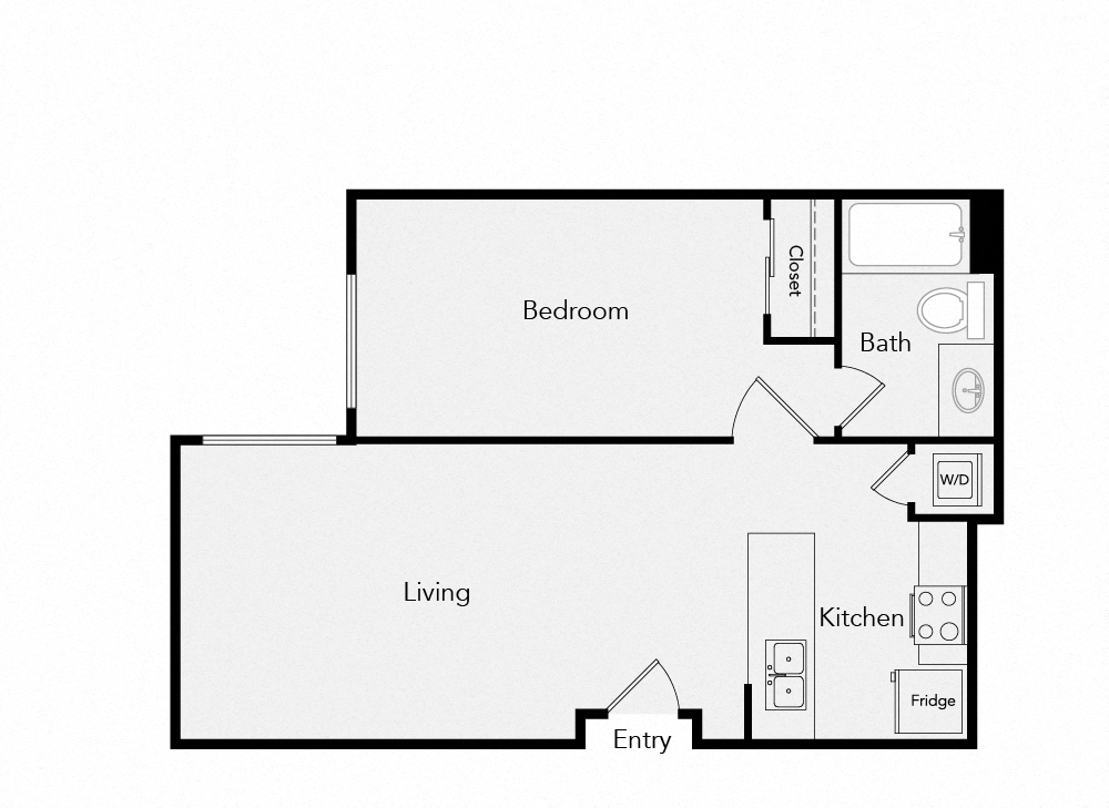 Floor plan for 1 bed, 1 bath, 629 sqft