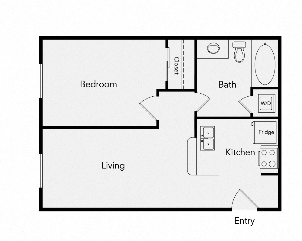 Floor plan for 1 bed, 1 bath, 631 sqft