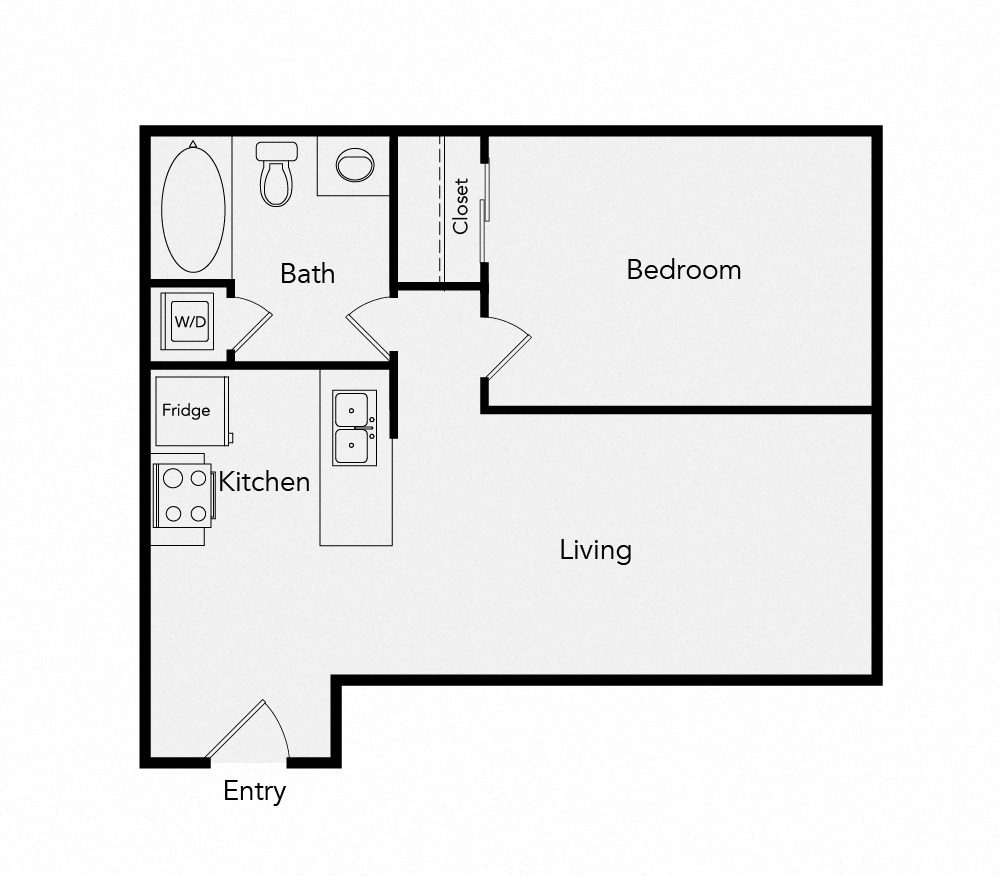 Floor plan for 1 bed, 1 bath, 682 sqft