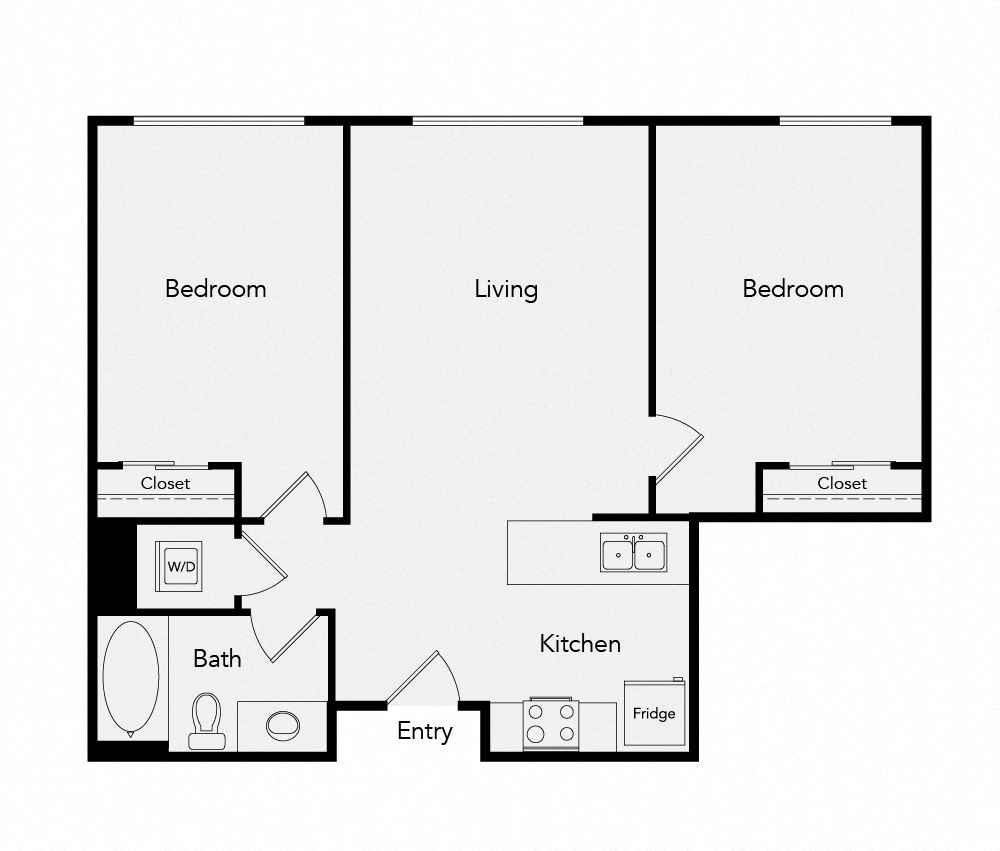 Floor plan for 2 beds, 1 bath, 670 sqft