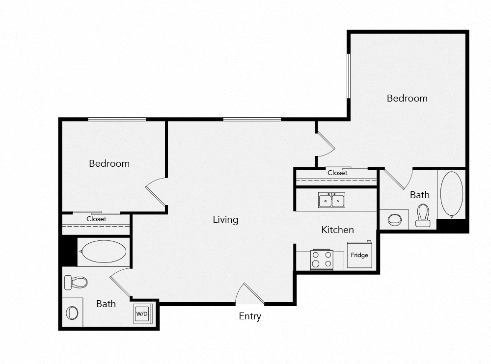 Floor plan for 2 beds, 2 baths, 887 sqft