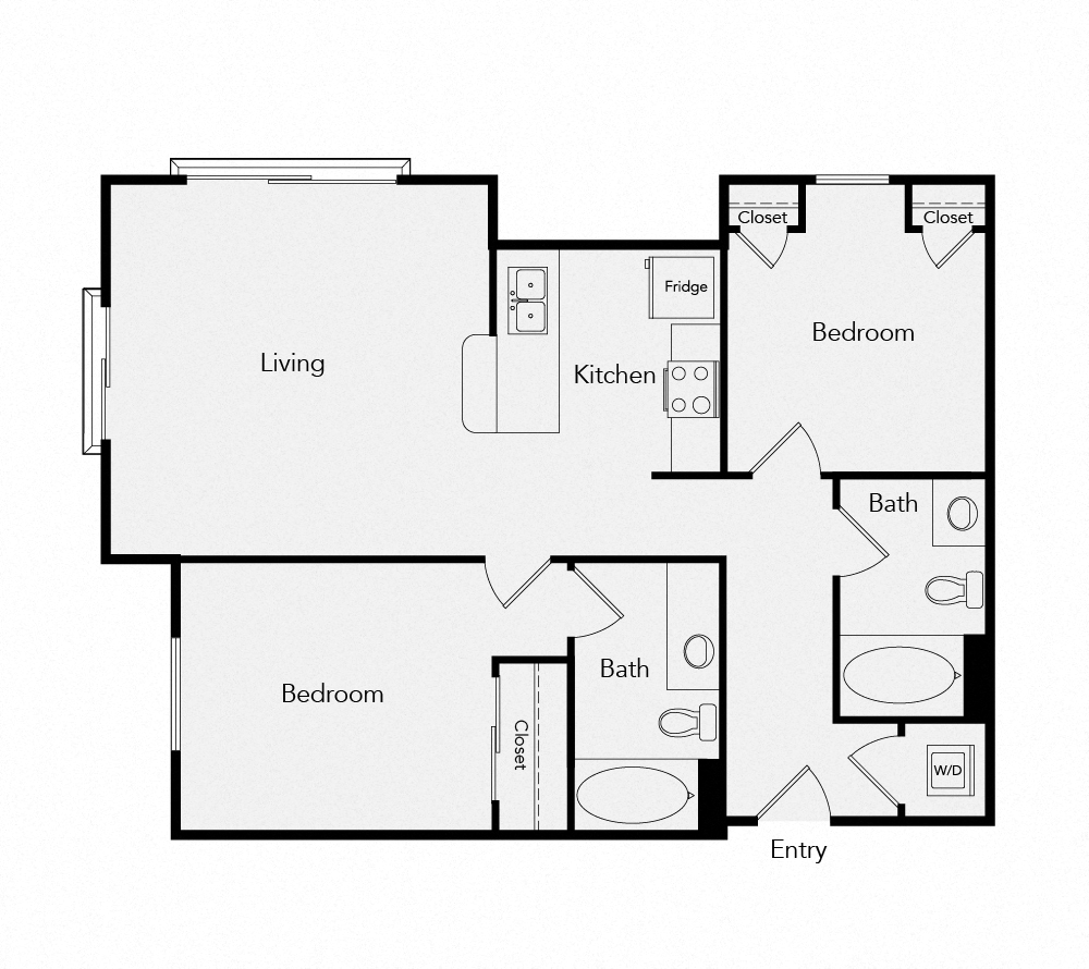 Floor plan for 2 beds, 2 baths, 904 sqft