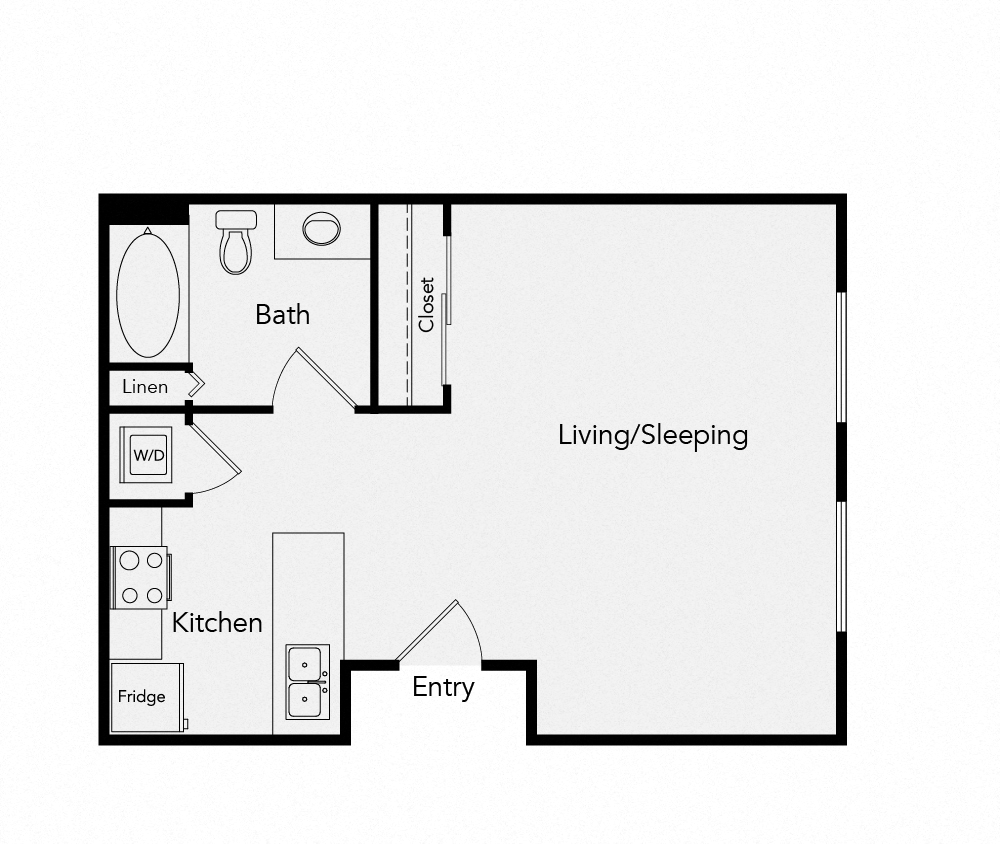 Floor plan for studio, 1 bath, 350 sqft