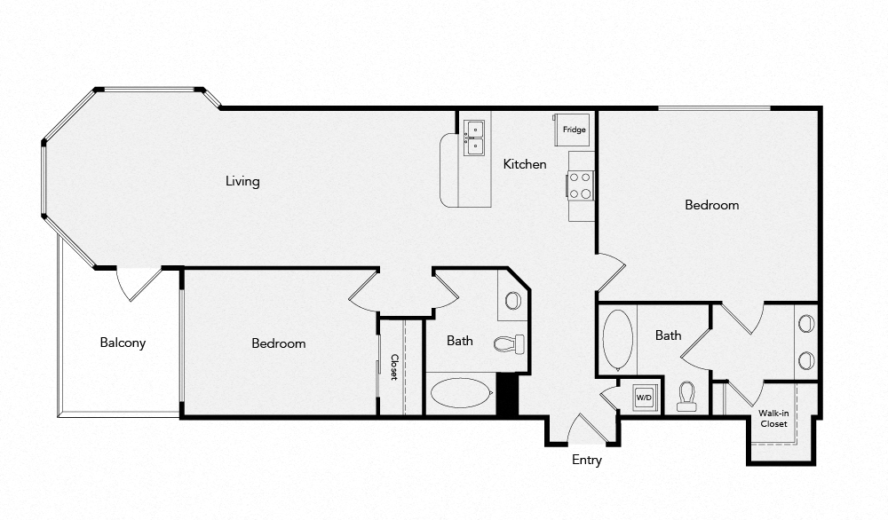 Floor plan for 2 beds, 2 baths, 1074 sqft