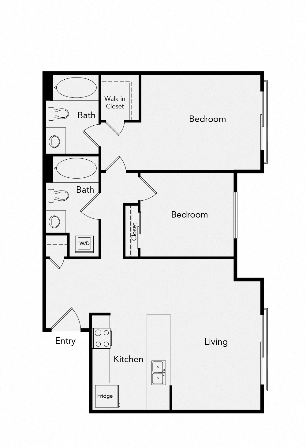 Floor plan for 2 beds, 2 baths, 1113 sqft