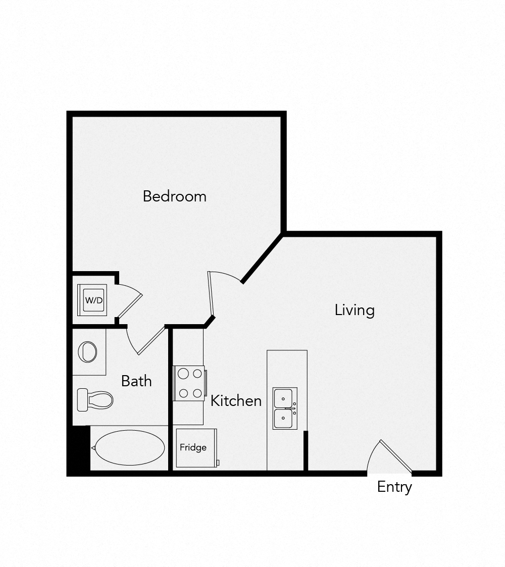 Floor plan for 1 bed, 1 bath, 493 sqft