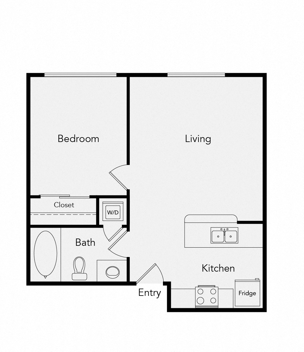 Floor plan for 1 bed, 1 bath, 533 sqft