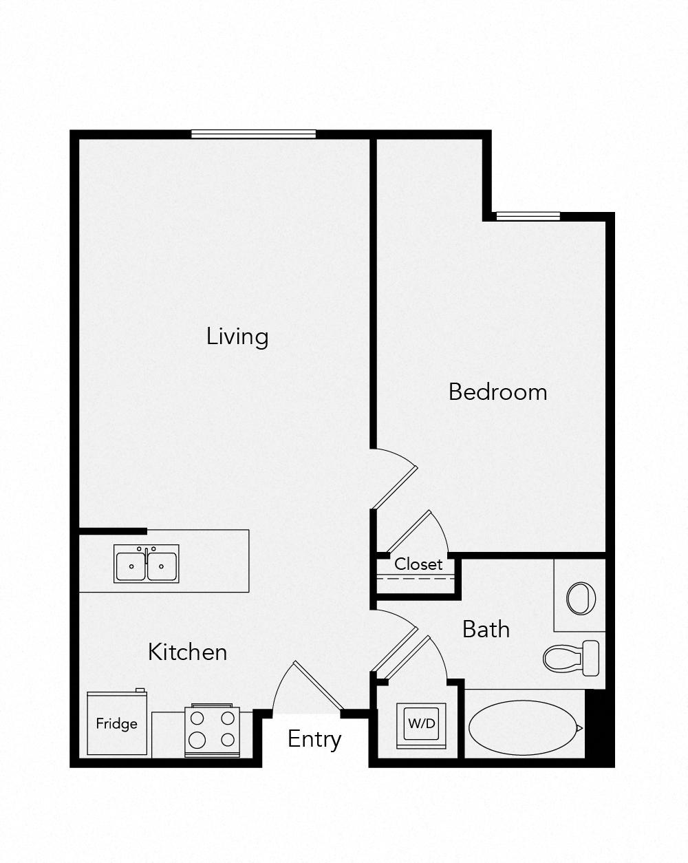 Floor plan for 1 bed, 1 bath, 553 sqft