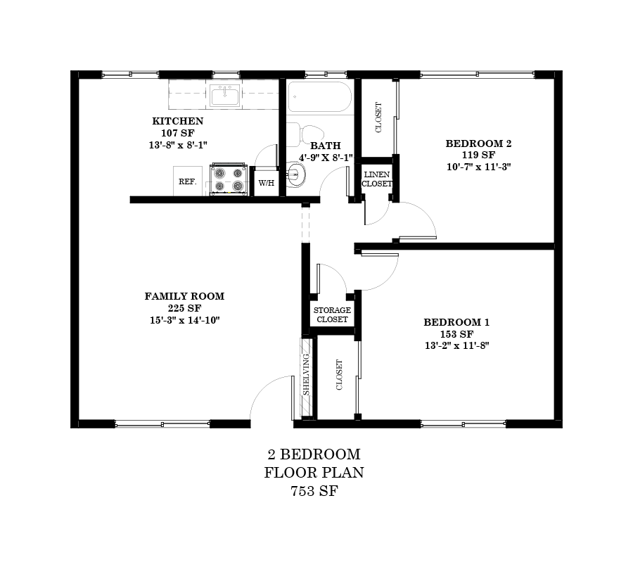 Floor plan for 2 beds, 1 bath, 650 sqft