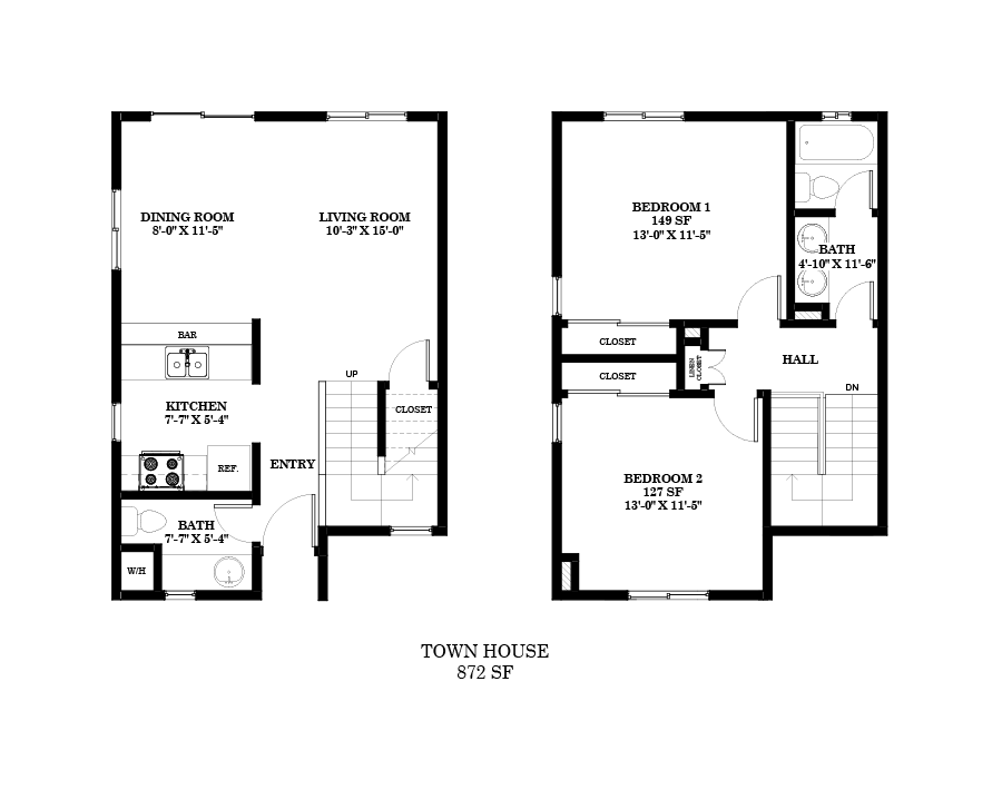 Floor plan for 2 beds, 1.5 baths, 700 sqft