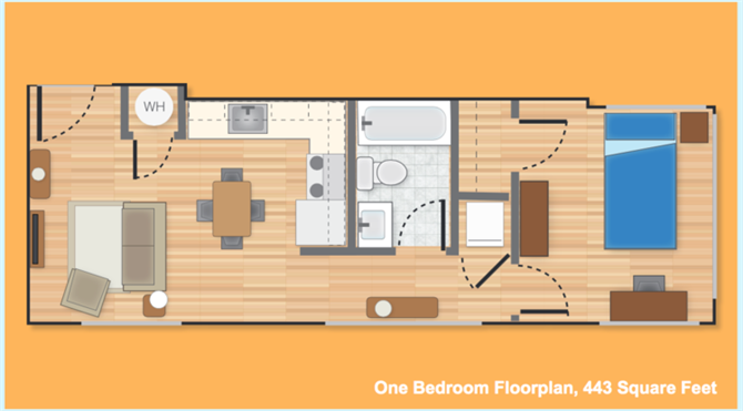 Floor plan for 1 bed, 1 bath, 459 sqft