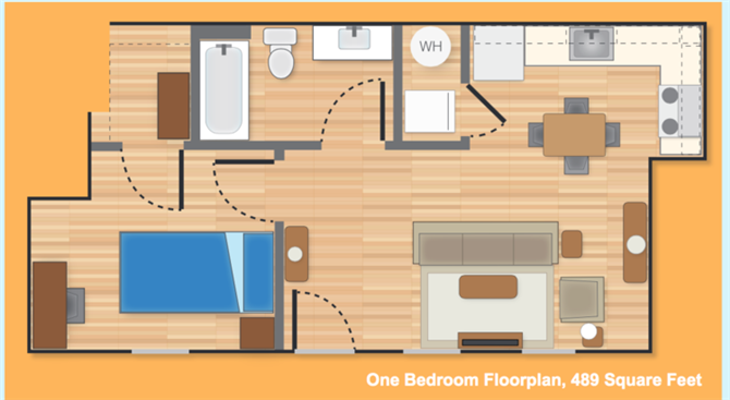 Floor plan for 1 bed, 1 bath, 489 sqft
