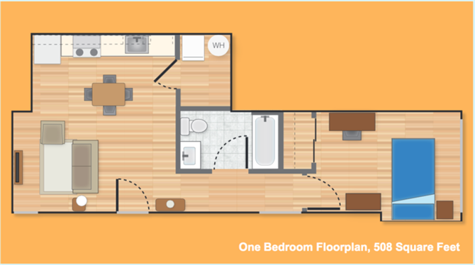 Floor plan for 1 bed, 1 bath, 506 sqft
