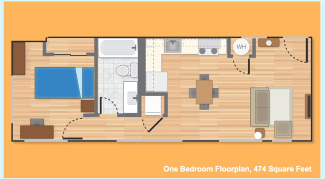 Floor plan for 1 bed, 1 bath, 492 sqft