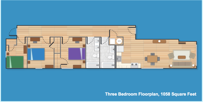 Floor plan for 3 beds, 2 baths, 1058 sqft