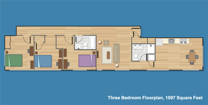 Floor plan for 3 beds, 2 baths, 1071 sqft