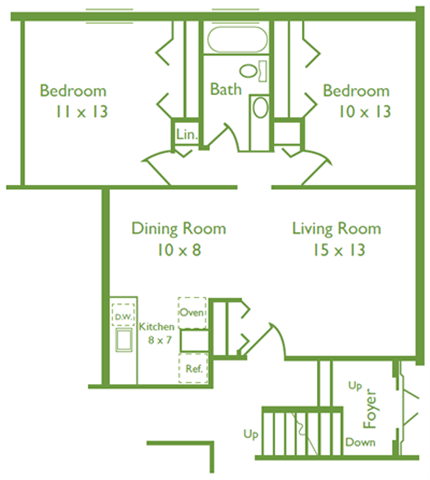 Floor plan for 2 beds, 1 bath, 855 sqft