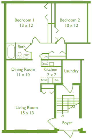 Floor plan for 2 beds, 1 bath, 855 sqft