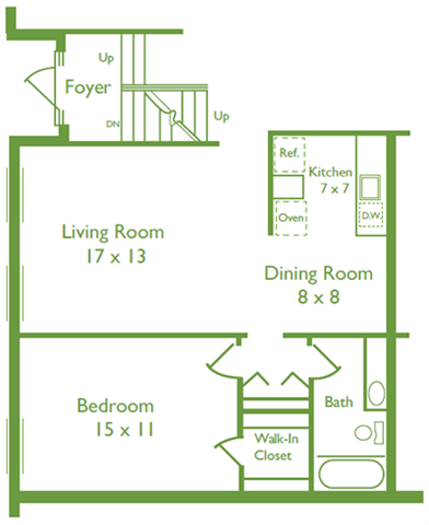 Floor plan for 1 bed, 1 bath, 666 sqft