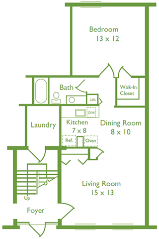 Floor plan for 1 bed, 1 bath, 666 sqft