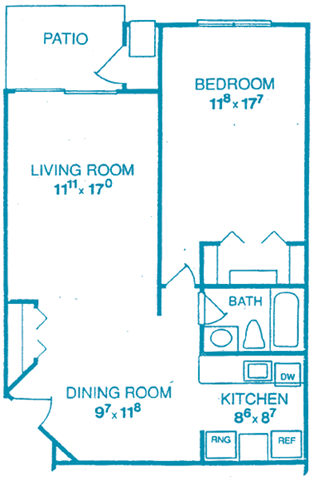 Floor plan for 1 bed, 1 bath, 900 sqft