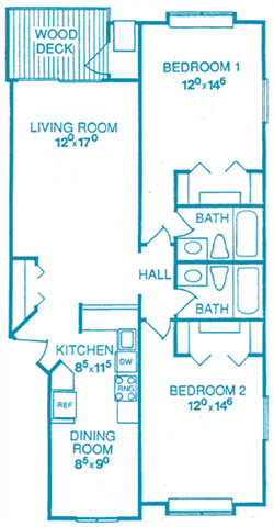 Floor plan for 2 beds, 2 baths, 1200 sqft