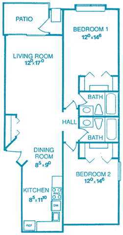 Floor plan for 2 beds, 2 baths, 1200 sqft