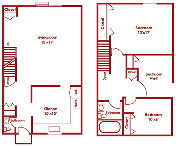 Floor plan for 3 beds, 2 baths, 1000 sqft