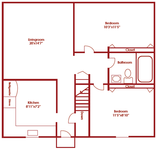Floor plan for 2 beds, 1 bath, 950 sqft
