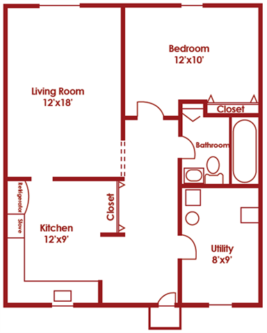 Floor plan for 1 bed, 1 bath, 800 sqft
