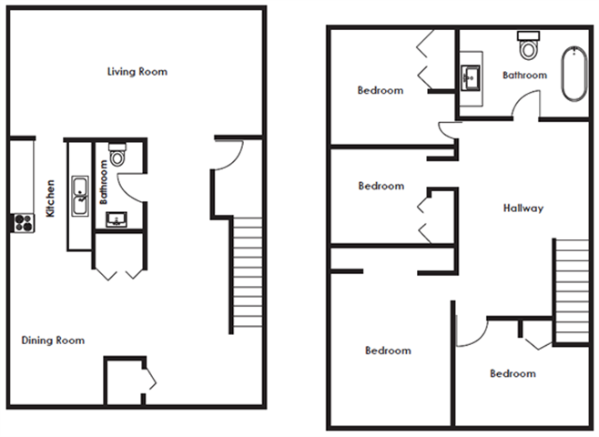 Floor plan for 4 beds, 1.5 baths, 1100 sqft