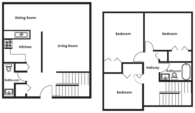Floor plan for 3 beds, 1.5 baths, 950 sqft
