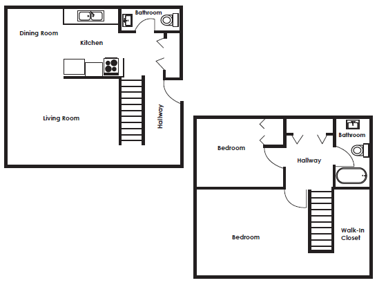 Floor plan for 2 beds, 1.5 baths, 950 sqft