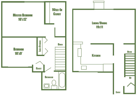 Floor plan for 2 beds, 1 bath, 915 sqft