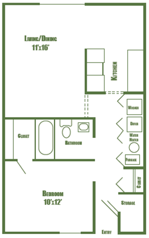 Floor plan for 1 bed, 1 bath, 691 sqft