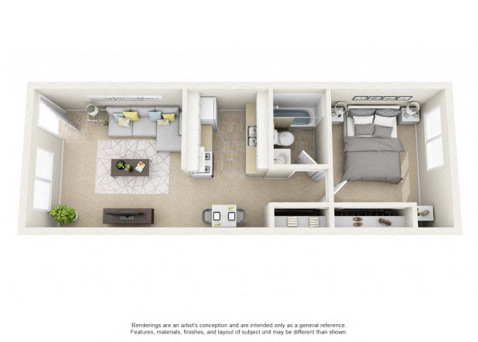 Floor plan for 1 bed, 1 bath, 540 sqft