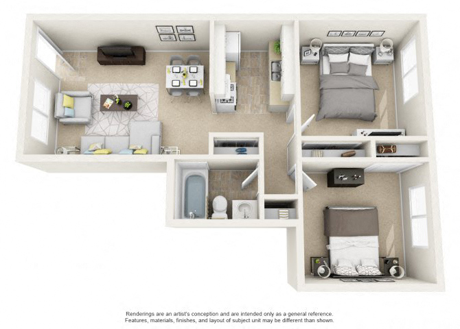 Floor plan for 2 beds, 1 bath, 780 sqft