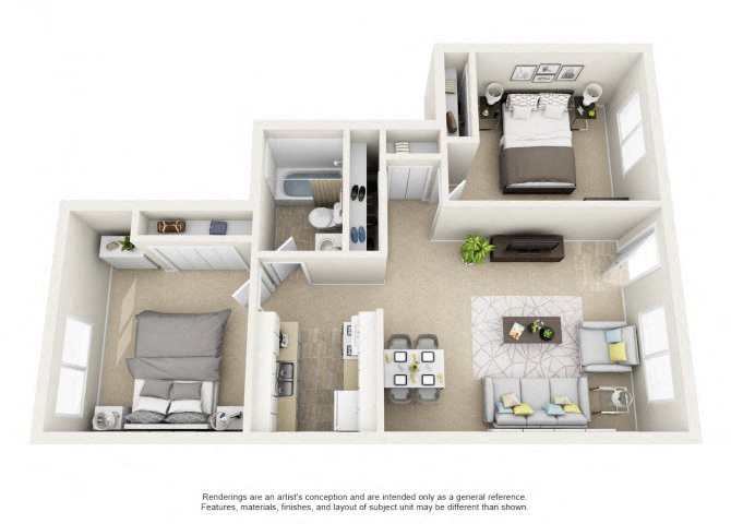 Floor plan for 2 beds, 1 bath, 820 sqft