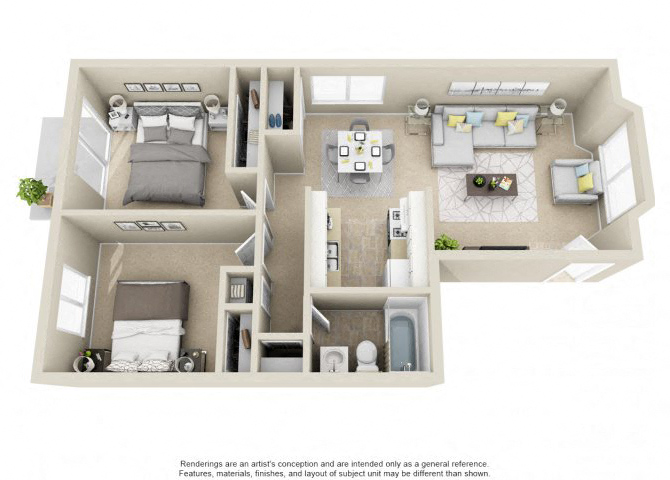 Floor plan for 2 beds, 1 bath, 775 sqft